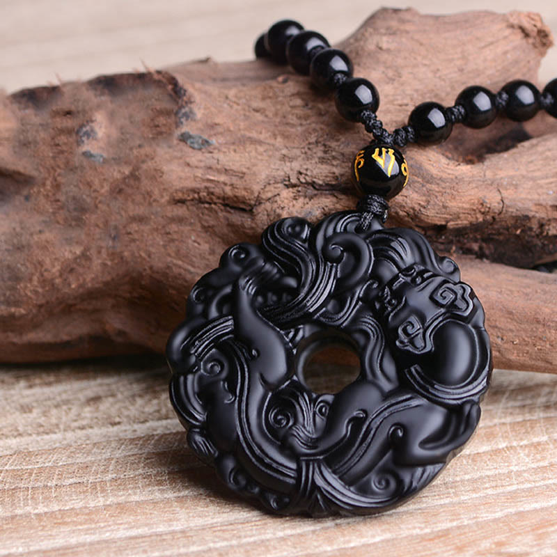 Nimara Ritual Natural Black Obsidian Peace Buckle Pixiu Purification Necklace Pendant