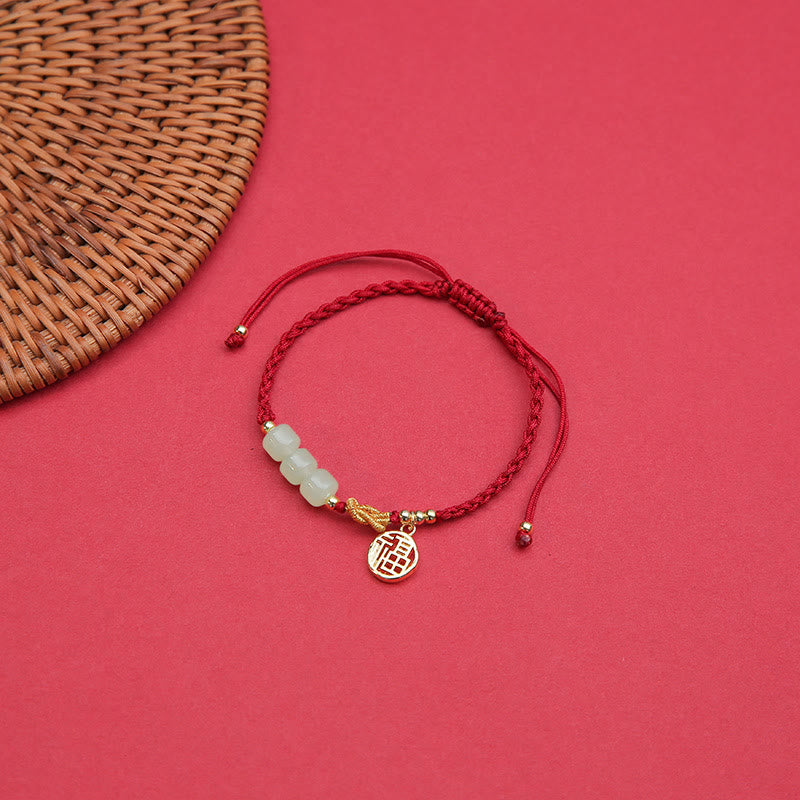 Nimara Ritual Handcrafted Jade Bead Fu Character Charm Luck Red Rope Bracelet