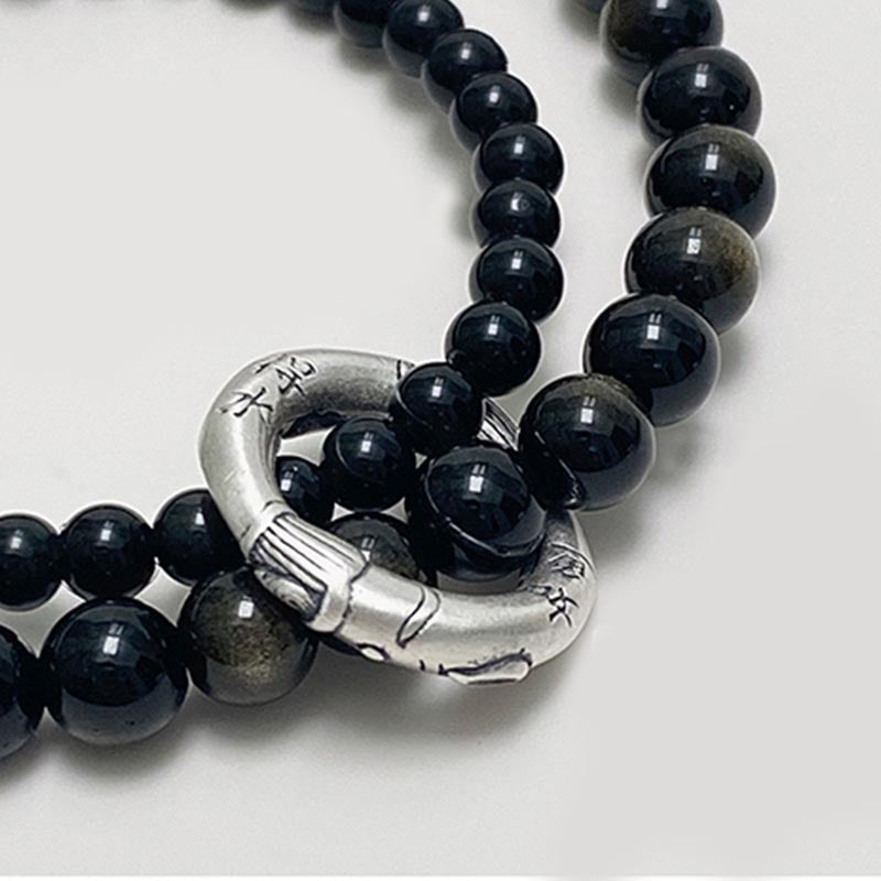 Nimara Ritual 999 Sterling Silver Black Obsidian Fulfillment Strength Double Layer Bracelet