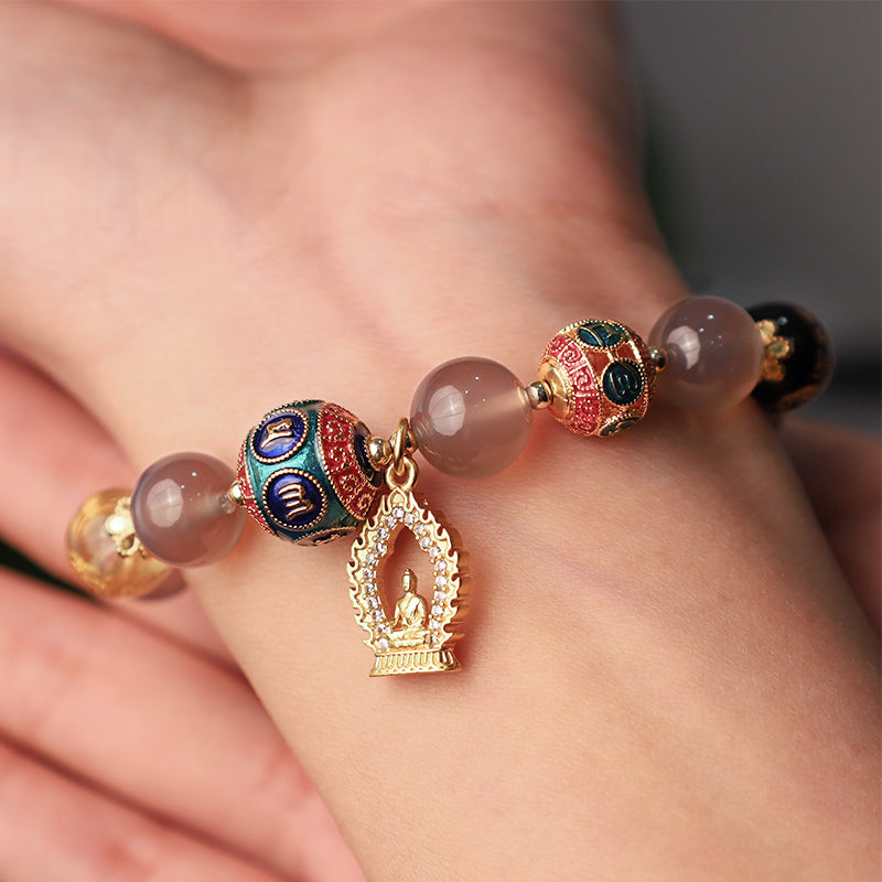 Nimara Ritual Natural Gray Agate Five Directions Gods of Wealth Om Mani Padme Hum Buddha Charm Bracelet