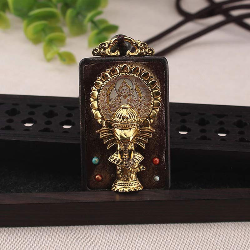 Nimara Ritual Ebony Wood Elephant God of Fortune Buddha Blessing Necklace String Pendant