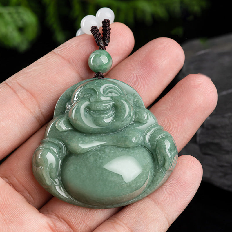 Nimara Ritual Laughing Buddha Cyan Jade Harmony Necklace String Bead Pendant