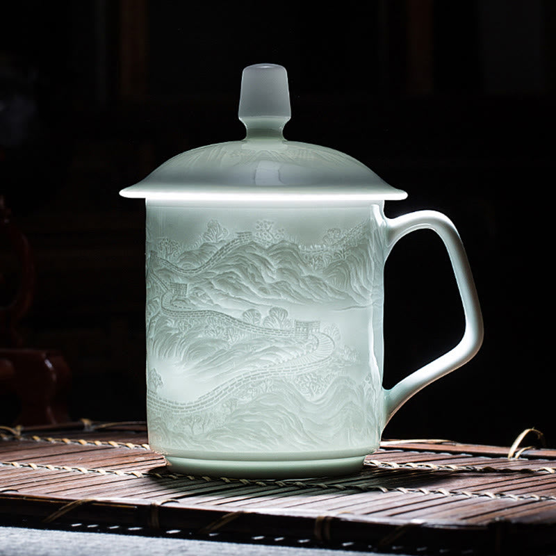 Nimara Ritual Jingdezhen White Porcelain Handmade Great Wall Landscape Engraved Ceramic Teacup Office Mug Tea Cups
