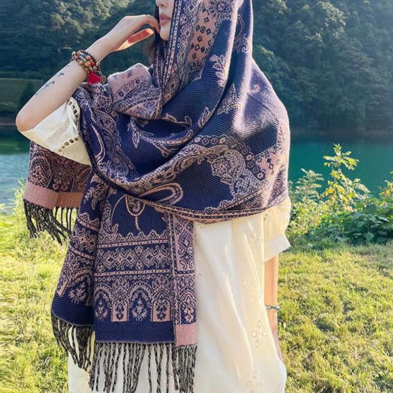 Nimara Ritual Vintage Tibetan Leaves Pattern Design Shawl Cozy Travel Scarf Wrap
