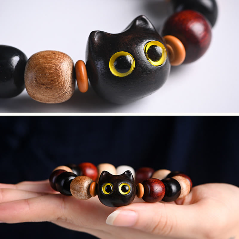 Nimara Ritual Small Leaf Red Sandalwood Ebony Wood Cute Cat Engraved Protection Bracelet