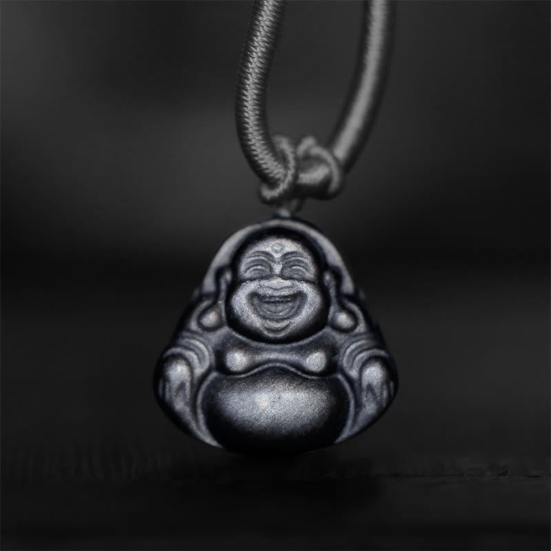 Nimara Ritual Natural Silver Sheen Obsidian Laughing Buddha Protection Necklace Pendant