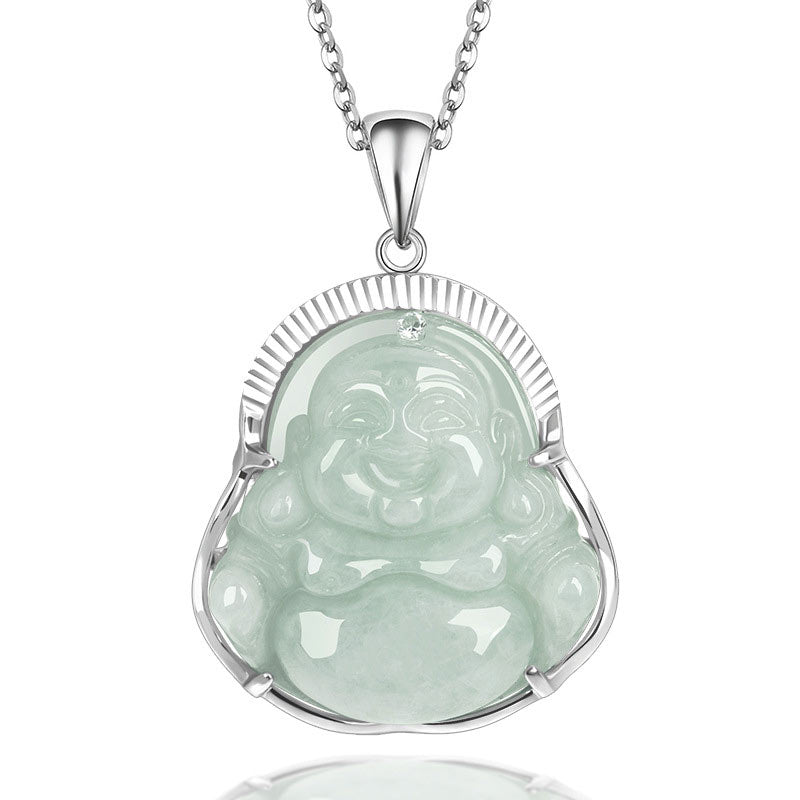 Nimara Ritual Laughing Buddha Jade Luck Calm Titanium Steel Chain Necklace Pendant
