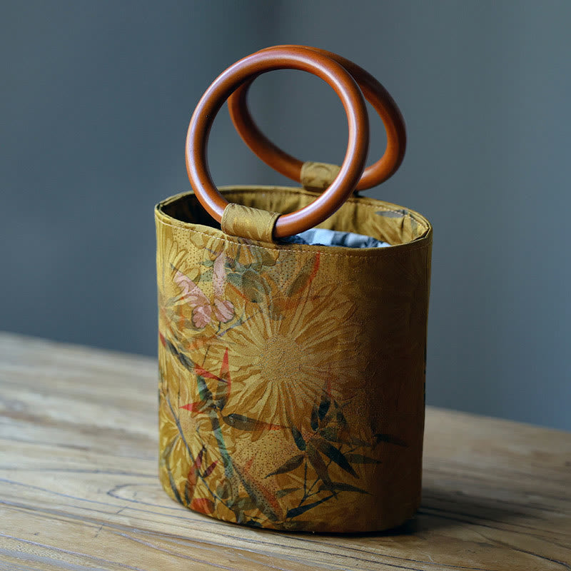 Nimara Ritual Bamboo Leaf Butterfly Cherry Blossom Persimmon Wood Handle Handbag