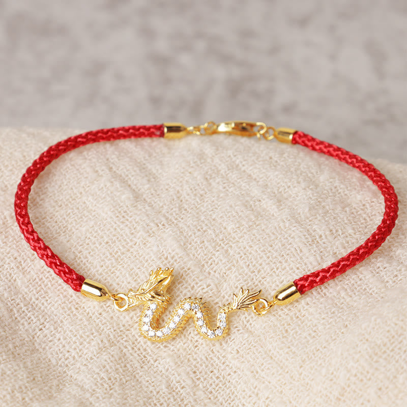 Nimara Ritual 925 Sterling Silver Year Of The Dragon Auspicious Golden Dragon Luck Red Rope Chain Bracelet