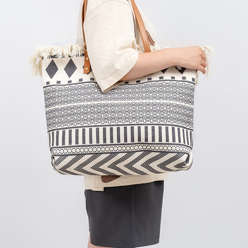 Nimara Ritual Large Capacity Boho Geometry Print Tassel Canvas Tote Shoulder Bag