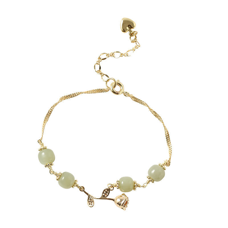 Nimara Ritual 14K Gold Plated Hetian Jade Golden Rose Flower Luck Chain Bracelet