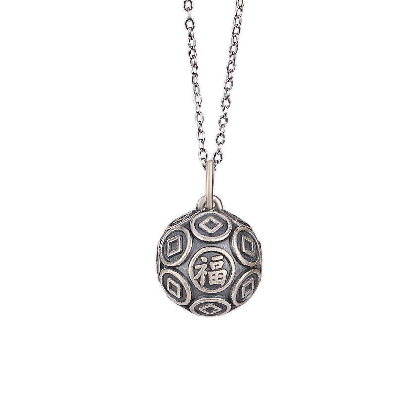 Nimara Ritual 990 Sterling Silver Fu Character Copper Coin Luck Fortune Chain Necklace Pendant