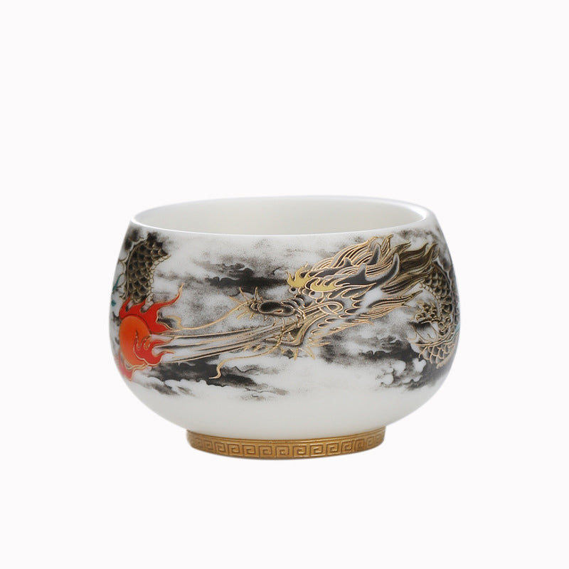 Nimara Ritual Dragon Playing With Pearl Design White Porcelain Ceramic Teacup Kung Fu Tea Cup 160ml
