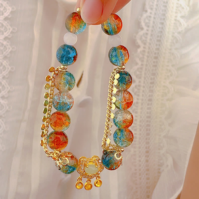 Nimara Ritual Colorful Liuli Glass Bead Chinese Lock Charm Fortune Bracelet