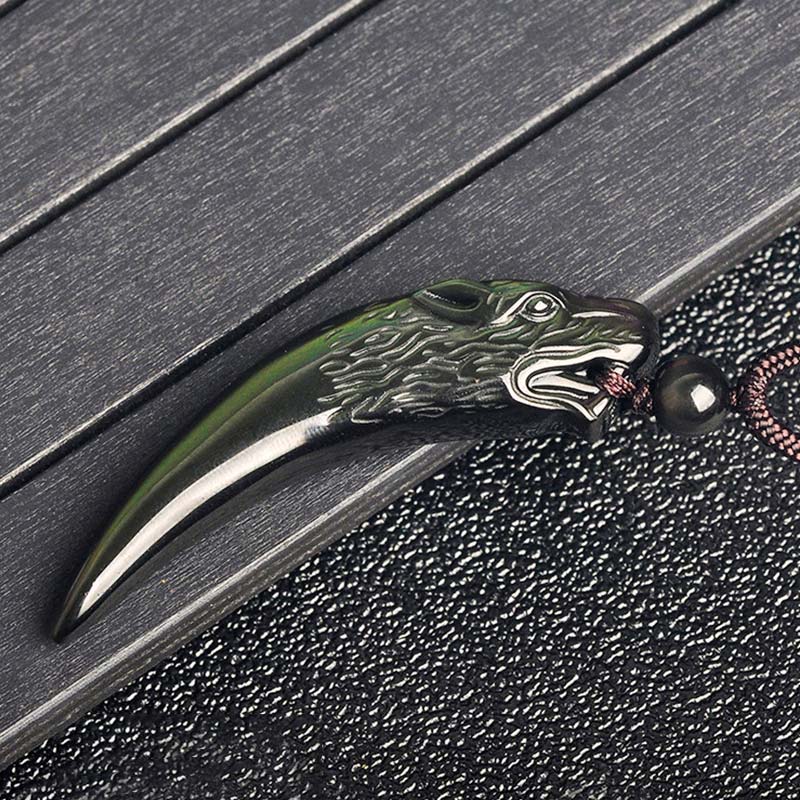 Nimara Ritual Natural Black Obsidian Ice Obsidian Rainbow Obsidian Wolf Tooth Pattern Strength Necklace Pendant