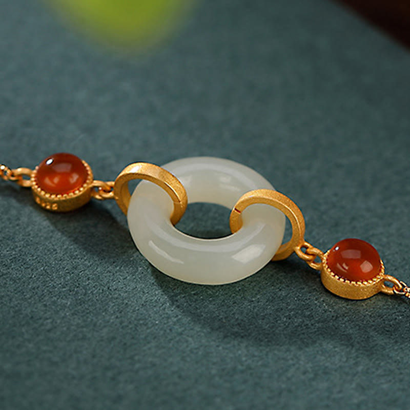 Nimara Ritual 925 Sterling Silver Plated Gold Natural Hetian Jade Peace Buckle Red Agate Luck Bracelet