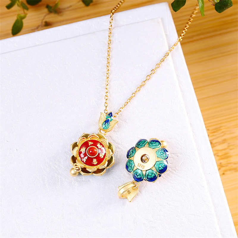 Nimara Ritual 925 Sterling Silver Tibet Lotus Prayer Wheel Red Agate Enlightenment Necklace Pendant