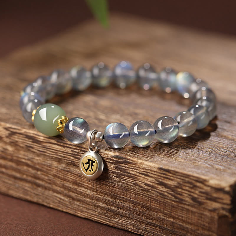 Nimara Ritual Chinese Zodiac Natal Buddha 925 Sterling Silver Natural Moonstone Hetian Jade Positive Bracelet