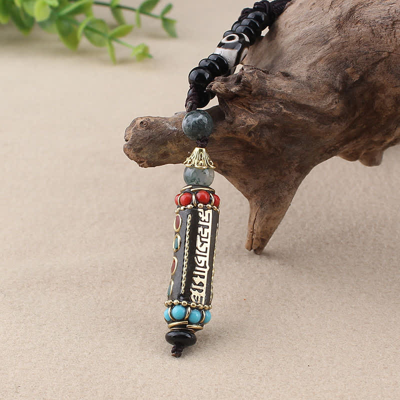 Nimara Ritual Tibetan Om Mani Padme Hum Dzi Bead Wenge Wood Necklace Pendant