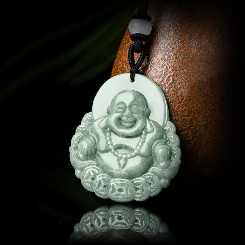 Nimara Ritual Laughing Buddha Natural Jade Copper Coin Abundance Necklace Pendant