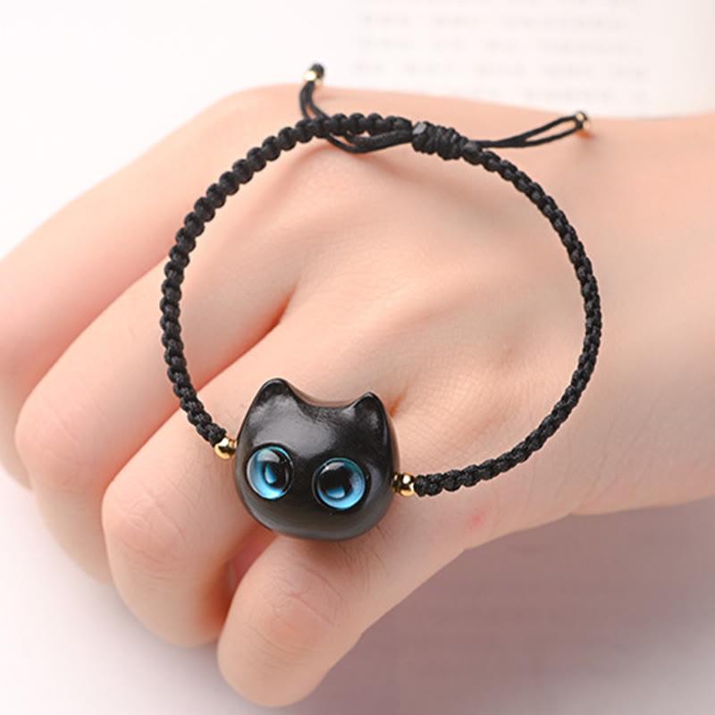 Nimara Ritual Small Leaf Red Sandalwood Ebony Wood Cute Cat Head Calm Protection Braided Bracelet