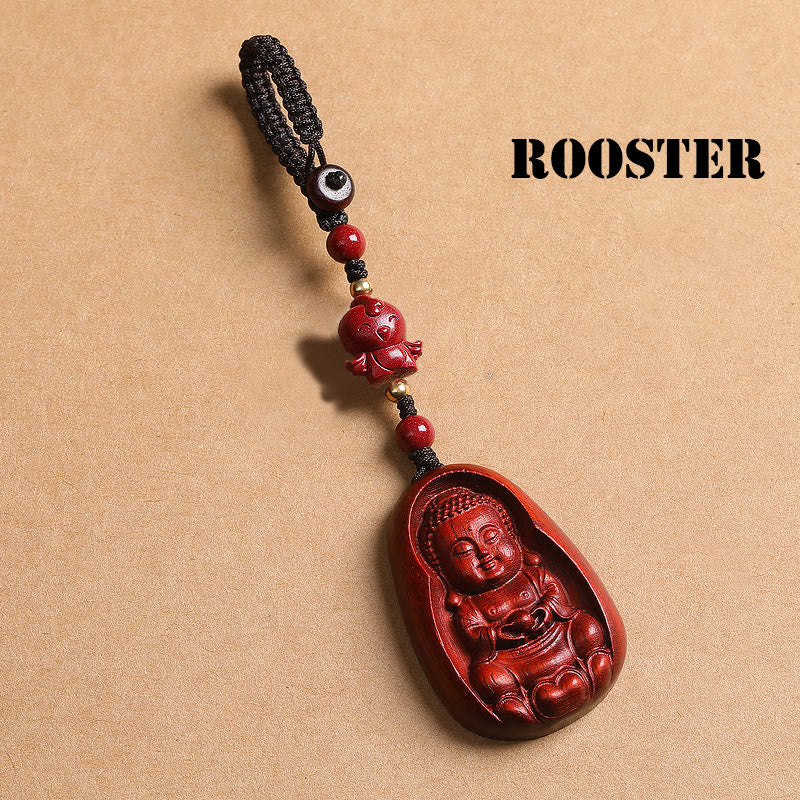 Nimara Ritual Small Leaf Red Sandalwood Buddha Cinnabar Chinese Zodiac Amulet Protection Key Chain