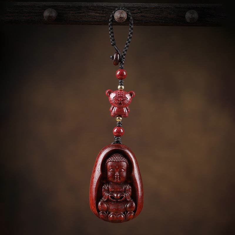 Nimara Ritual Small Leaf Red Sandalwood Buddha Cinnabar Chinese Zodiac Amulet Protection Key Chain