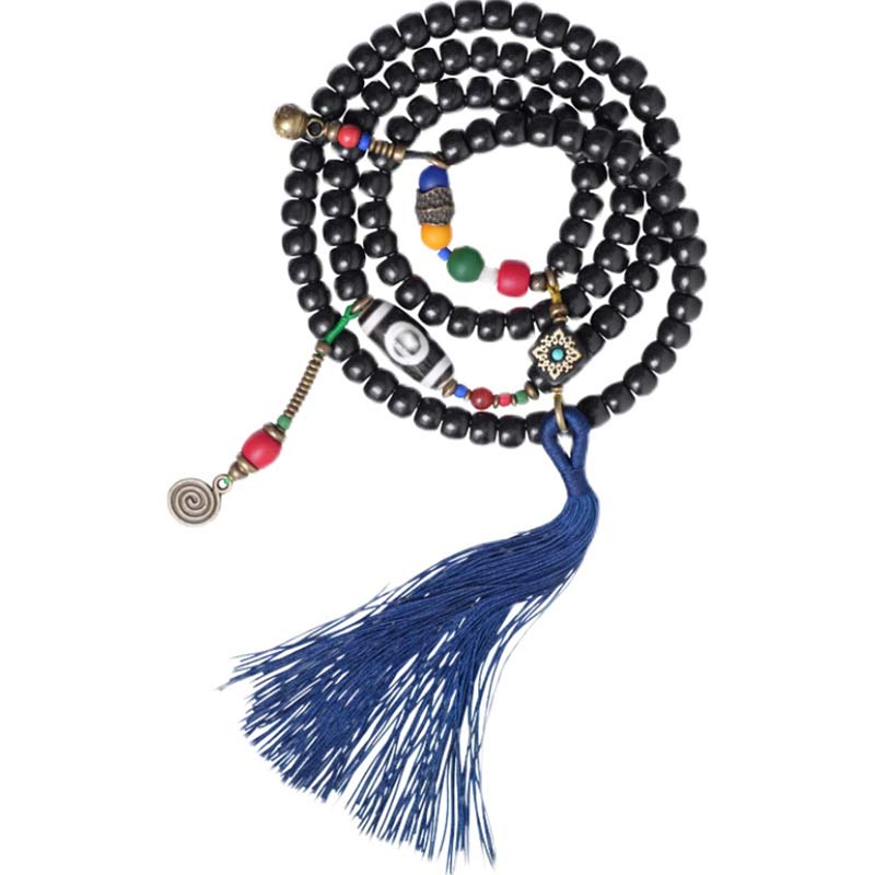 Nimara Ritual 108 Beads Mala Ebony Wood Dzi Bead Copper Balance Tassel Bracelet