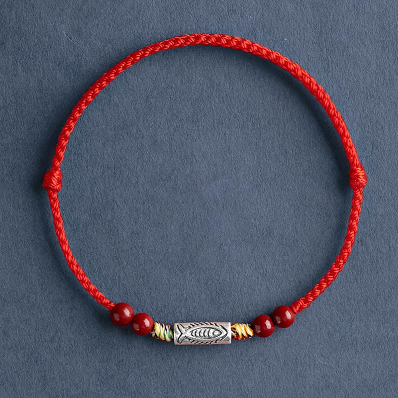 Nimara Ritual 925 Sterling Silver Koi Fish Cinnabar Bead Wealth Handcrafted Braided Bracelet Anklet