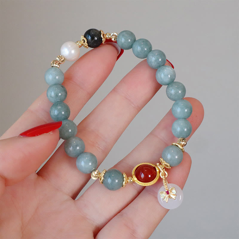 Nimara Ritual Natural Jade Red Agate Pearl Bow Tie Luck Bracelet