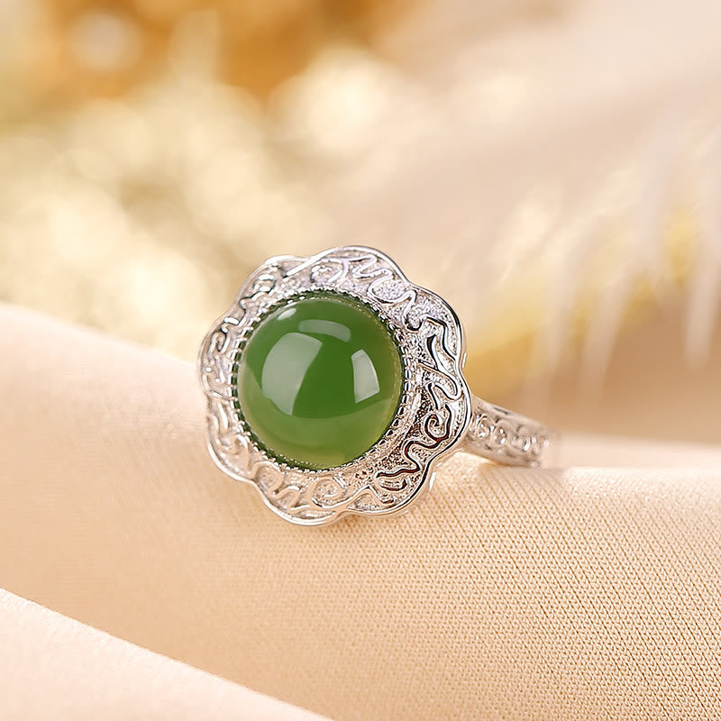 Nimara Ritual 925 Sterling Silver Hetian Cyan Jade Flower Design Luck Adjustable Ring