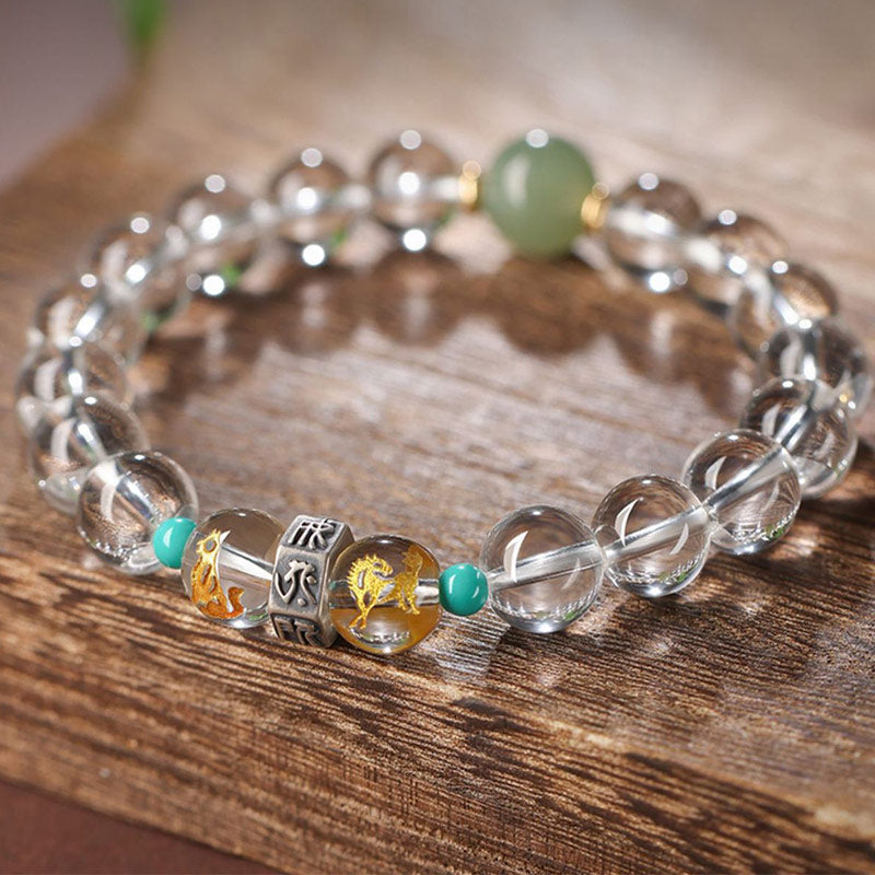 Nimara Ritual 925 Sterling Silver Chinese Zodiac Natal Buddha Auspicious Groups White Crystal Hetian Jade Healing Bracelet