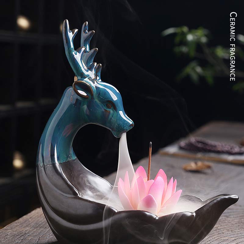 Nimara Ritual Little Deer Ceramic Lotus Meditation Incense Burner Decoration