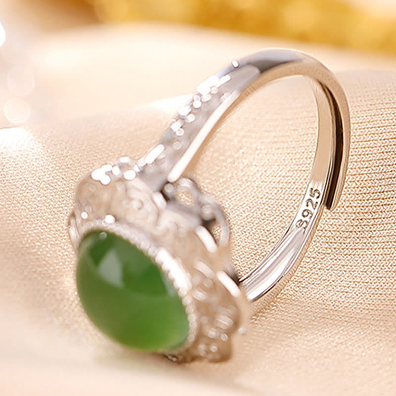 Nimara Ritual 925 Sterling Silver Hetian Cyan Jade Flower Design Luck Adjustable Ring