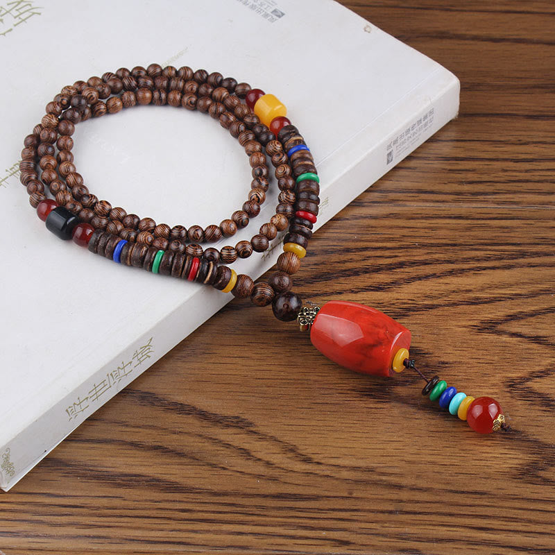 Nimara Ritual Tibetan Wenge Wood Bodhi Seed Agate Balance Peace Necklace Pendant
