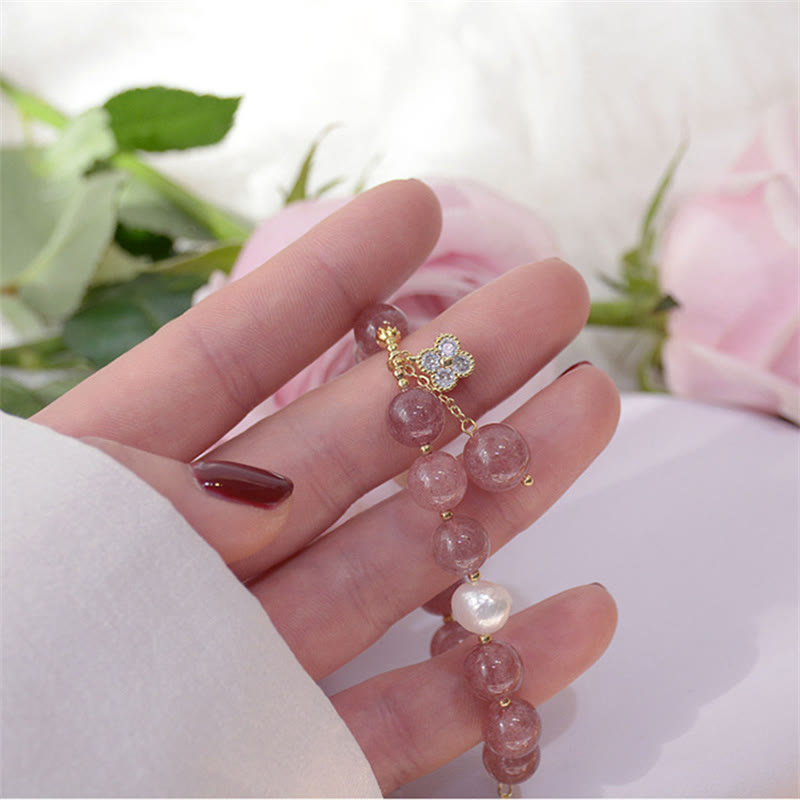 Nimara Ritual Natural Strawberry Quartz Pearl Four Leaf Clover Love Bracelet