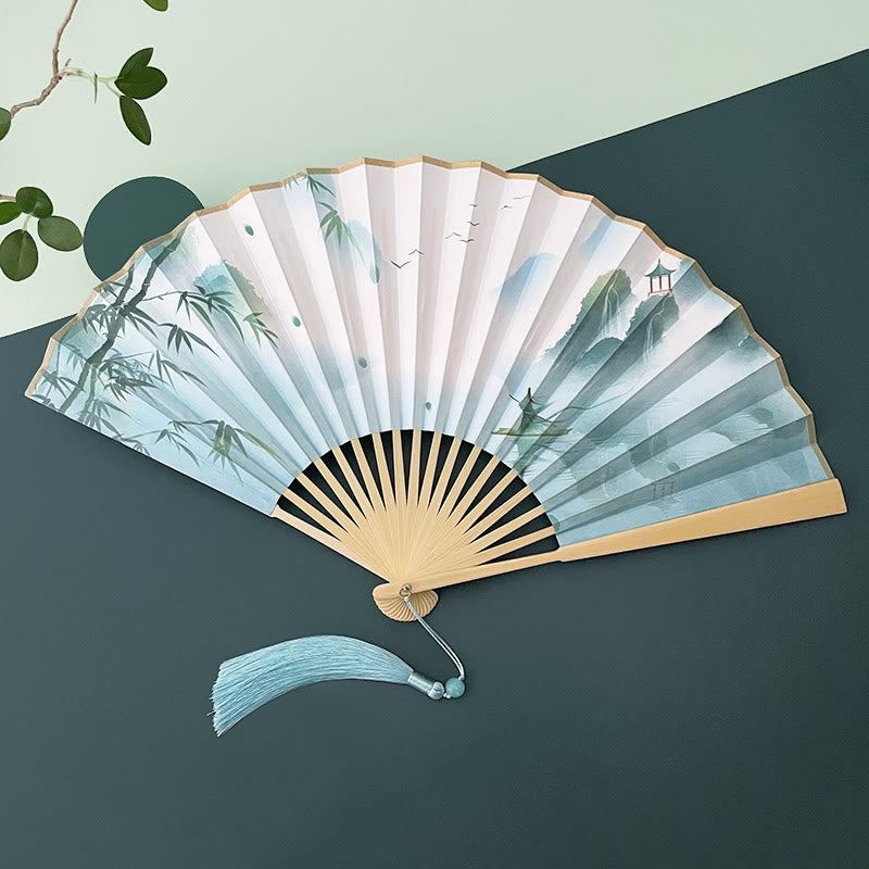 Nimara Ritual Retro Lotus Flower Leaf Mountain Lake Handheld Folding Fan With Bamboo Frames