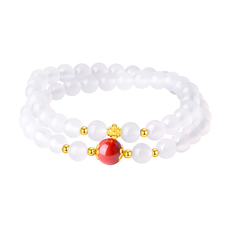 Nimara Ritual 925 Sterling Silver Natural White Agate Cinnabar Double Wrap Protection Bracelet