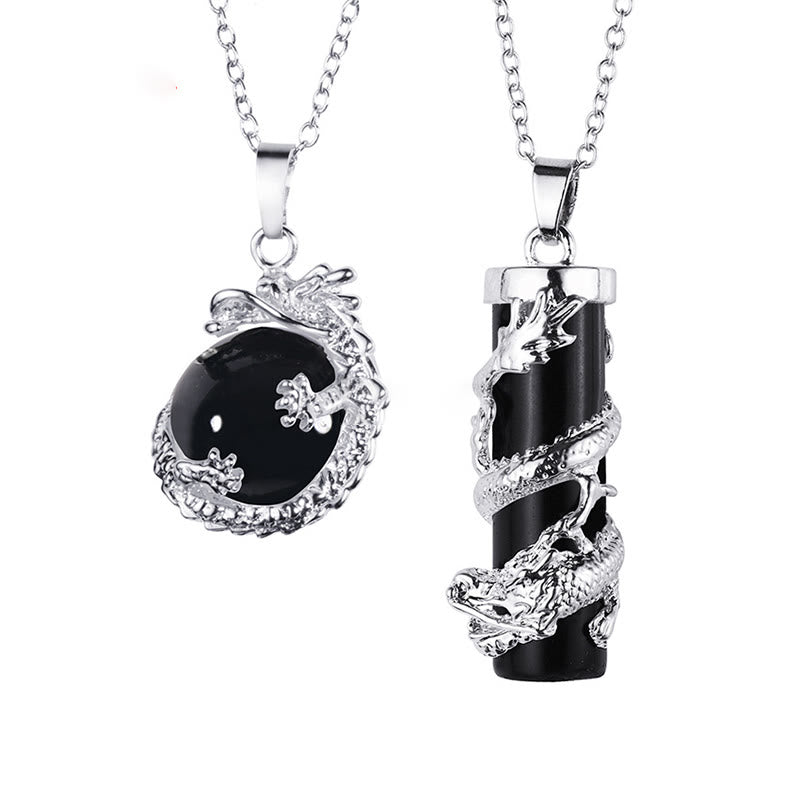 Nimara Ritual 2pc Dragon Wrapped Round Ball Gemstone Couple Necklace Pendant