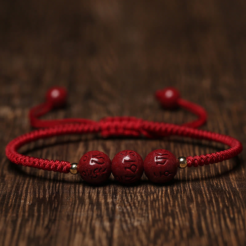 Nimara Ritual Handmade Cinnabar Om Mani Padme Hum Engraved Beads Blessing Braided Bracelet