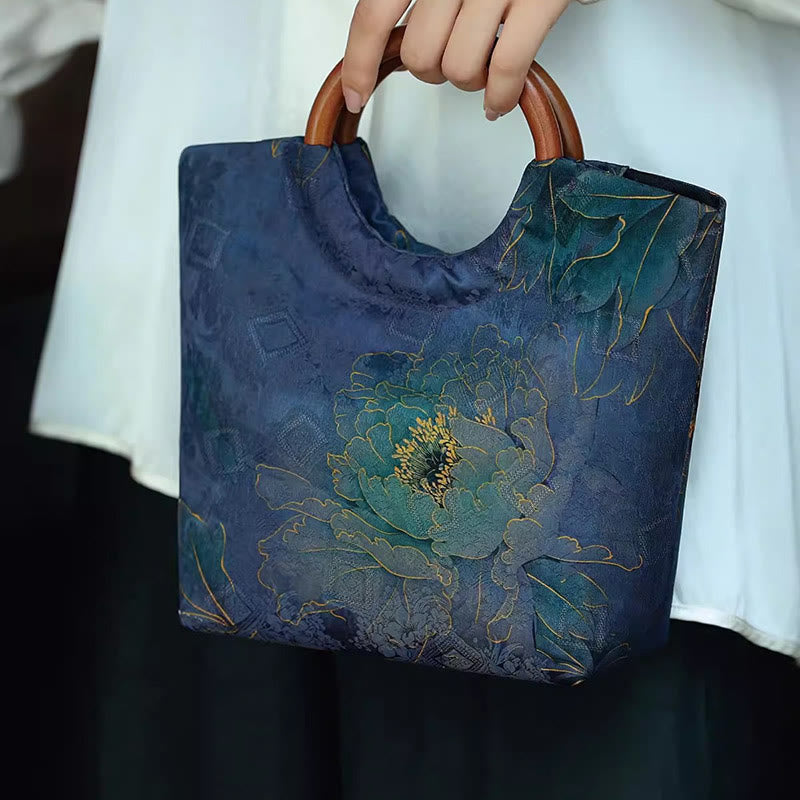 Nimara Ritual Peony Flower Bamboo Leaves Bird Solid Wood Handle Handbag