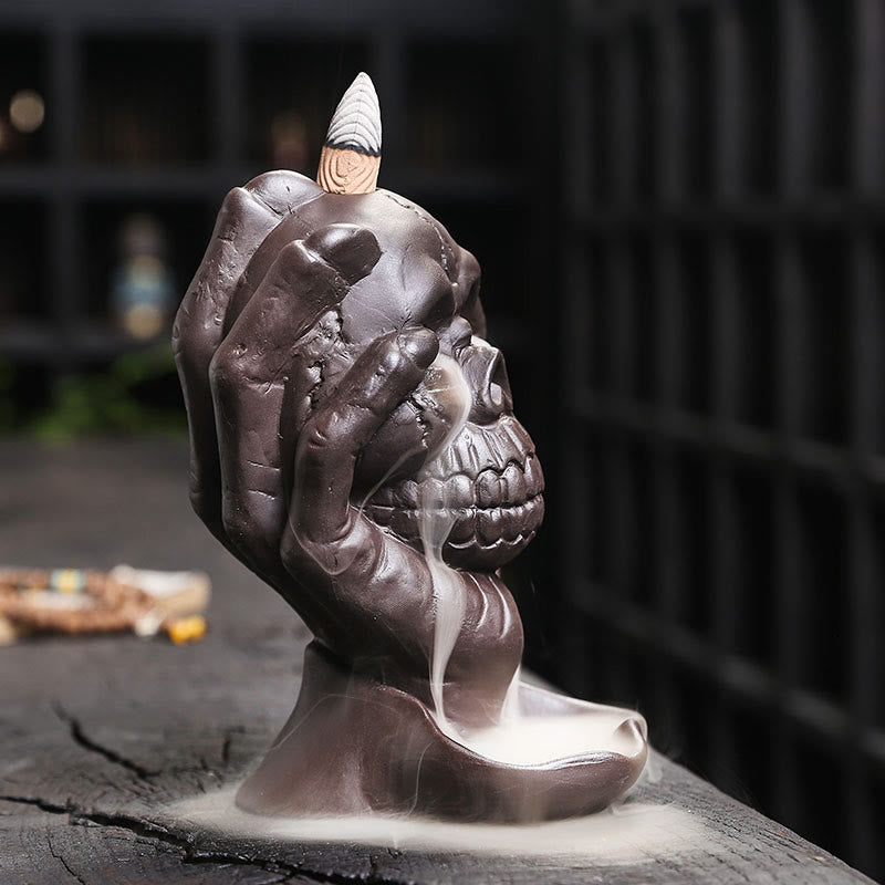 Nimara Ritual Halloween Skull With Ghost Hand Purple Clay Spiritual Incense Burner Decoration
