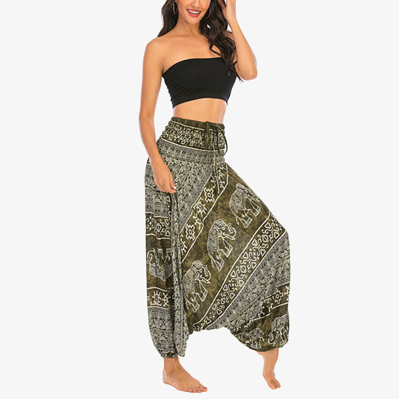 Nimara Ritual Two Style Wear Elephant Pattern Loose Smocked Harem Trousers Jumpsuit Women's Yoga Pants