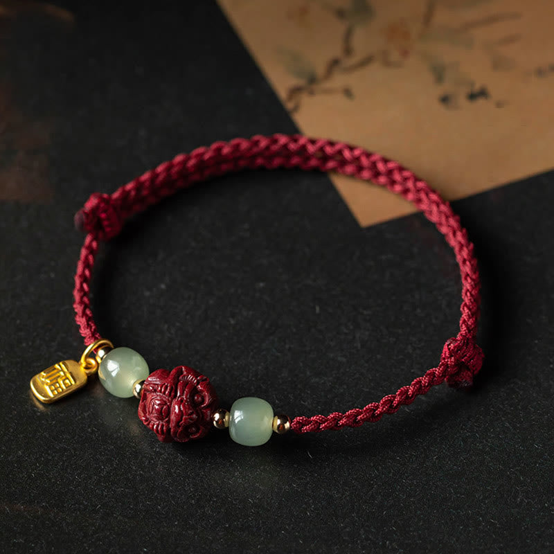 Nimara Ritual Natural Cinnabar Chinese Zodiac Hetian Jade Fu Character Luck Rope Bracelet