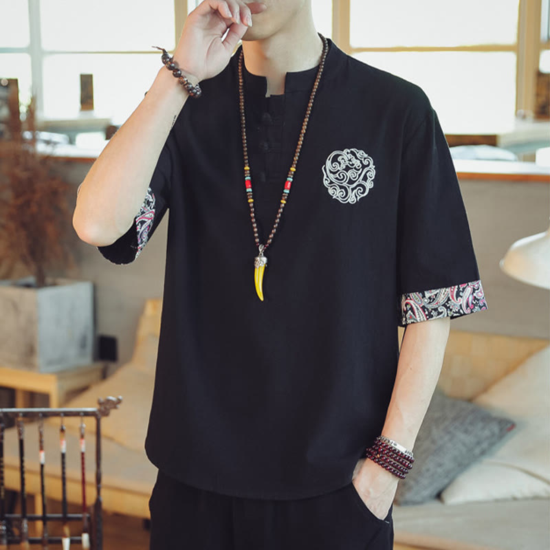 Nimara Ritual Frog-Button Dragon Embroidery Chinese Tang Suit Short Sleeve Shirt Men Clothing