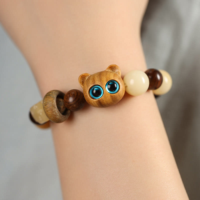 Nimara Ritual Natural Bodhi Seed Sandalwood Lucky Cute Cat Head Paw Claw Peace Bracelet