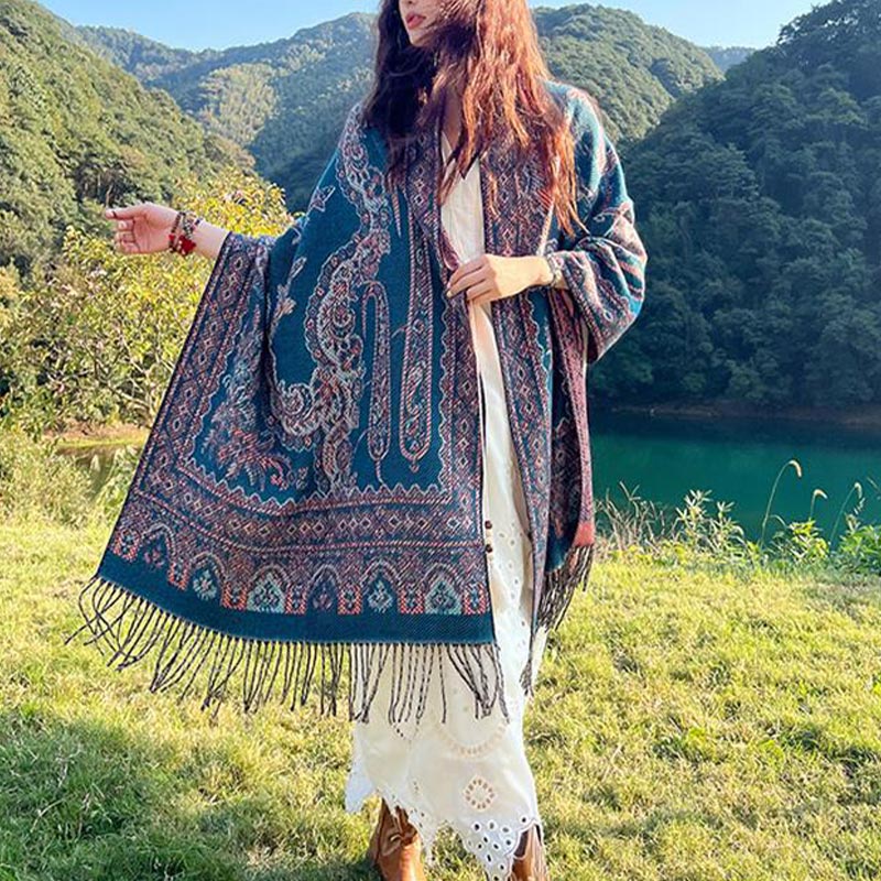 Nimara Ritual Vintage Tibetan Leaves Pattern Design Shawl Cozy Travel Scarf Wrap