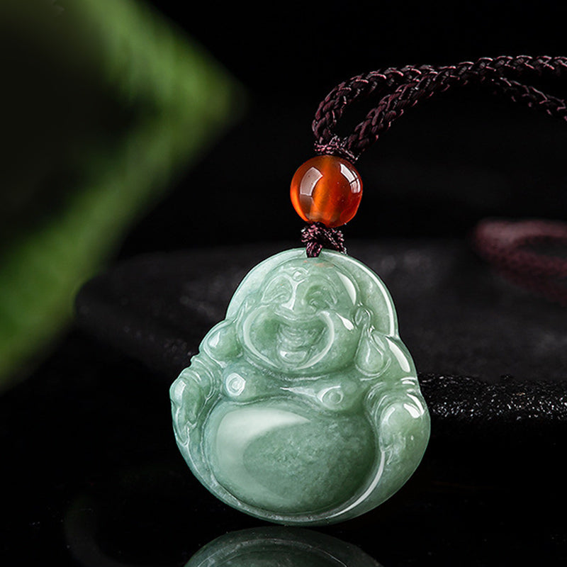 Nimara Ritual Laughing Buddha Cyan Jade Success Necklace String Pendant