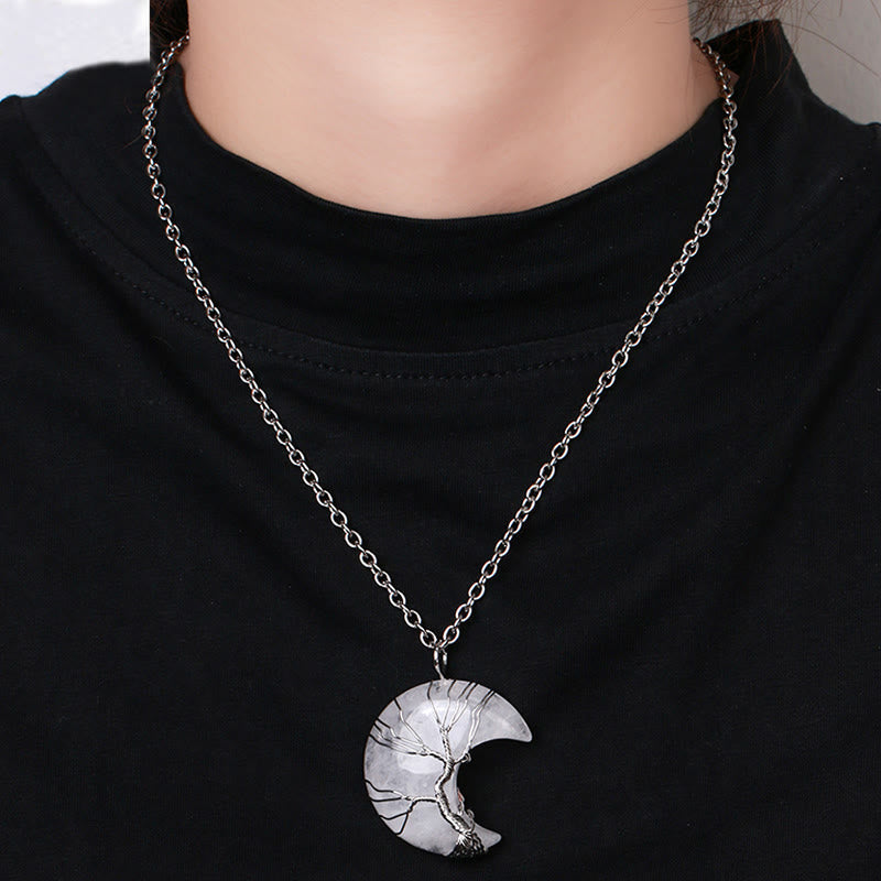 Nimara Ritual Natural Quartz Crystal Moon Tree Of Life Healing Energy Necklace Pendant