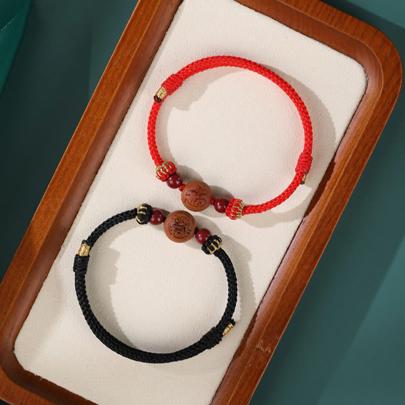 Nimara Ritual Natural Peach Wood Chinese Zodiac Fu Character Carved Cinnabar Wealth Bracelet